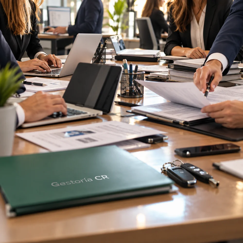 Mesa de trabajo con documentación de vehículos y carpeta de Gestoría CR